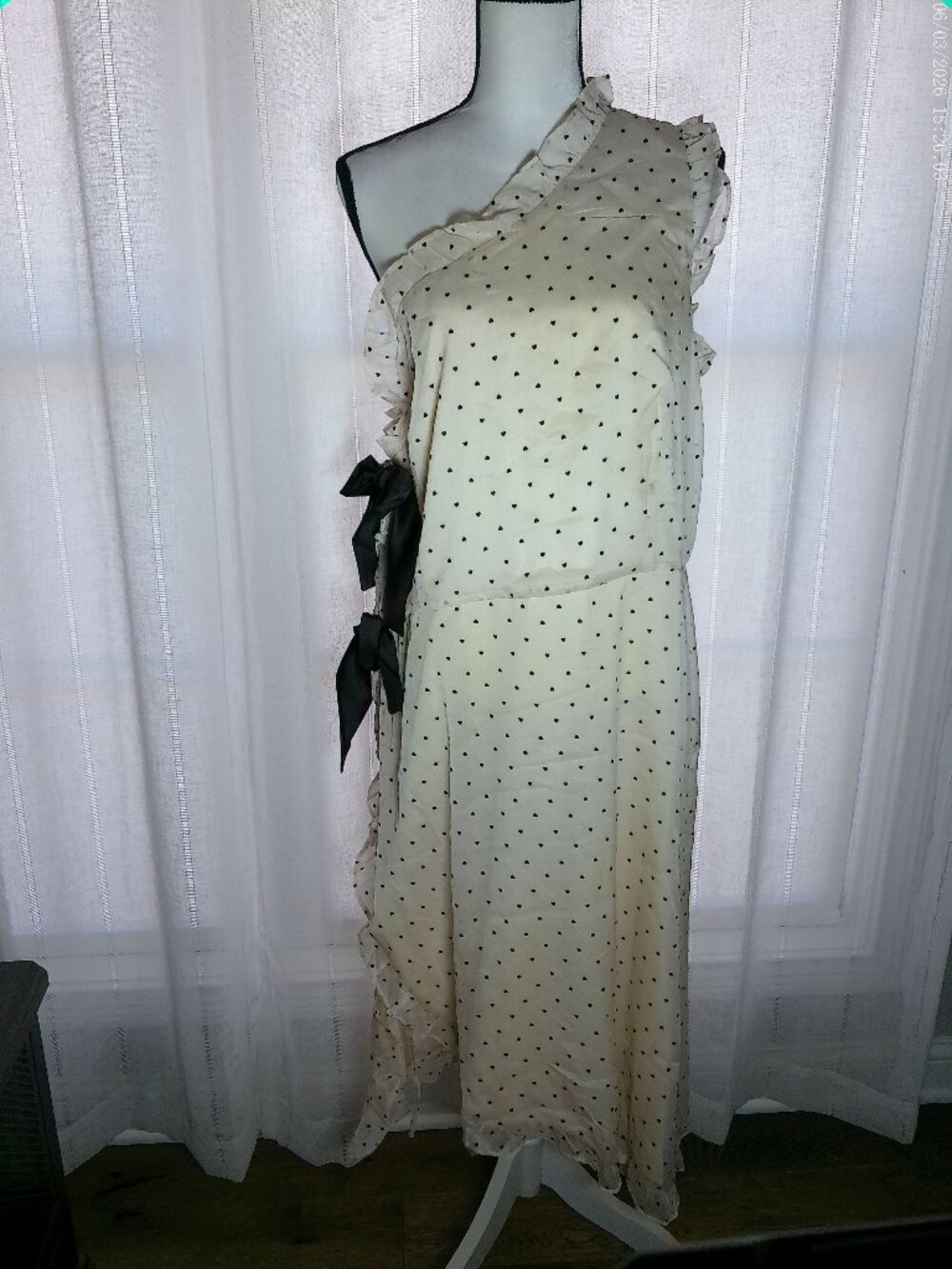 CHOOSY NWT One Shoulder Side Tie Cream w/Polka Dot Hearts & Black Bows Dress 20